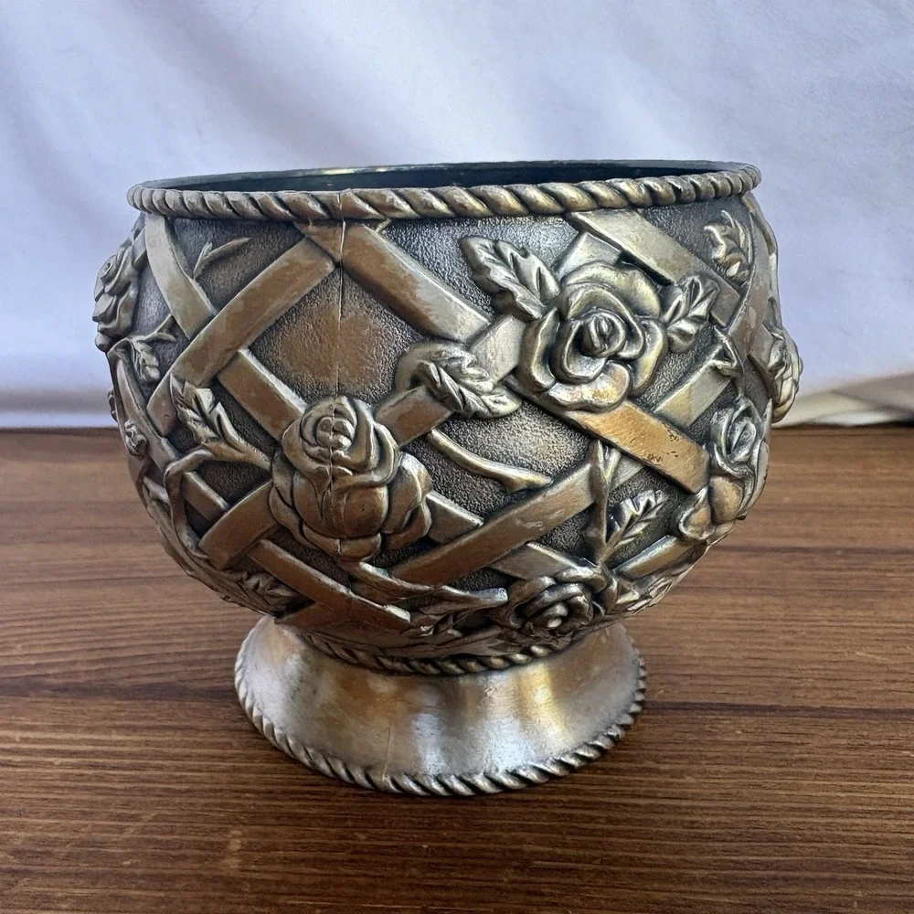 Vintage Ornate Rose Lattice Planter Cachepot Decorative Metal Bowl Vase Heavy